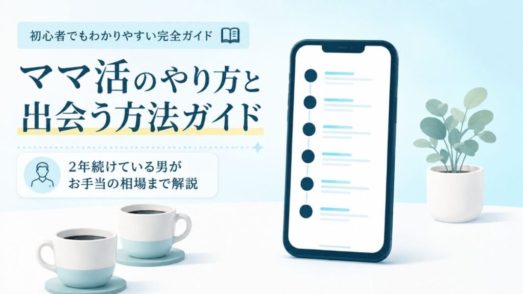 ママ活のやり方を6つの手順で示したスマートフォンの画面と、テーブルに置かれた2つのコーヒーカップ